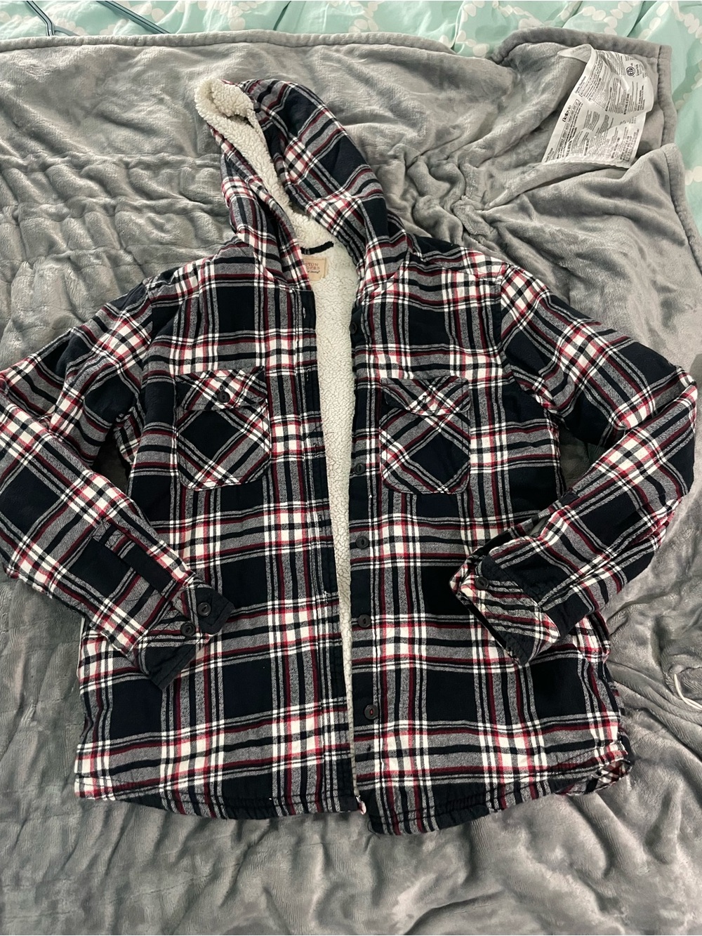 Boston Traders White Sherpa-Lined Hooded Flannel Jacket with Black & Red Accents
